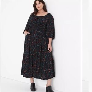 Lane Bryant Square Neck Midi Dress 12 Blouson Sleeve Floral Goth Dark Romantic